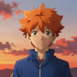 orange - haired anime boy, 1 7 - year - old anime boy with wild spiky hair, wearing blue jacket, golden hour, partly cloudy sky, red clouds, orange sky, strong lighting, strong shadows, vivid hues, ultra - realistic, sharp details, subsurface scattering, intricate details, hd anime, 2 0 1 9 anime