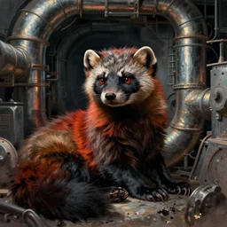 portrait of a furry weasel fursona, a roguish redblack stoat lounging within a ductwork chamber of an immense complex, by xu beihong