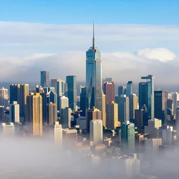 a colourful high - rise cityscape above the clouds