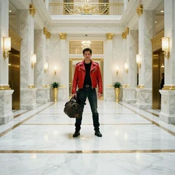 Bank interior elegant bank fancy white marble flooring reflective gold accents. blade runner 2049 movie still. man facing camera red motorcycle jacket carrying duffle bag holding shotgun tactical. 2019 movie still 35mm wide angle lens