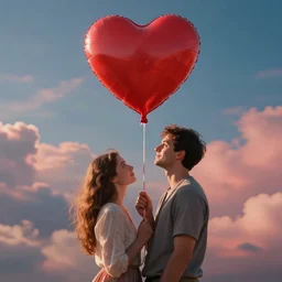 a portrait of a couple holding a fluffy heart shaped red balloon floating in heaven, fantasy, high detail, cinematic lighting, concept art, digital art, illustration, smooth, sharp focus, greg rutkowski, alphonse mucha, loish, wlop, trending on artstation