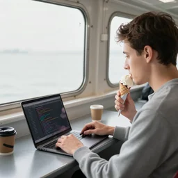 Man riding inside of a ferry works on a laptop writing code while eating icecream