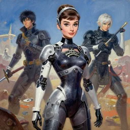 a surreal detailed 3 d render of audrey hepburn as a yorha android, a gouache painting in the style of nier automata, by hikari shimoda, ilya kuvshinov, yoshitaka amano, by shaun tan, by good smile company, portrait, cgsociety, artstation, a modular costume and headpiece, action adventure scene