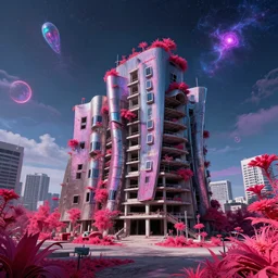 a beautiful photorealistic render of industrial architecture nature urbex terminal unfinished building architecture building city abandoned by frank gehry, infrared futuristic flowers tokyo cosmic azeroth fisheye tron junglepunk neon noir myst vaporwave landscape retro, archdaily, wallpaper, highly detailed, trending on artstation.