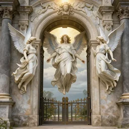 the gates of heaven with angels, hyper realistic, in the style of greg rutkowski, fantasy, amazing detail