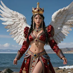beautiful 3 d render of an asian mongolian princess goddess with angelic wings in a sensual pose, princess wearing a crown with gemstones, near lake baikal, atmospheric lighting, painted, intricate, volumetric lighting, beautiful, rich deep colours masterpiece, sharp focus, highly saturated colors, ultra detailed, in the style of dan mumford and marc simonetti, astrophotography
