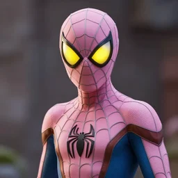 spiderman with pink suit and yellow glowing eyes, and alien ears, anime cinema photorealistic beautiful cinematic world of chrono trigger in the style of studio ghibli. hyperdetailed photorealism, 1 0 8 megapixels, amazing depth, glowing rich colors, powerful imagery, psychedelic overtones, 3 d finalrender, 3 d shading, cinematic lighting, artstation concept art