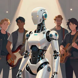 portrait of a cyberpunk robot, rock band, beautifully detailed, lighting, volumetric light, cell shading, smooth, elegant, award winning, by sachin teng and pascal blanche and alphonse mucha and nekro and josan gonzalez, in style of vector art.