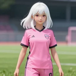 teenage hispanic girl who has shoulder length white hair wearing a pink soccer uniform, anime key visual, by wlop, high quality, high detail, poster