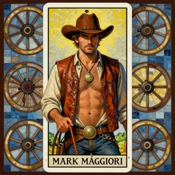 a beautiful epic symmetrical tarot painting of a handome cowboy with a hairy chest wearing a leather vest and a circular pendant around his neck holding reins | background is a mosaic of wagon wheels | tarot card, art deco, art nouveau | by Mark Maggiori | trending on artstation