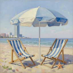 a skyscraper, beach umbrella, beach chair, starfish, oil painting, intricate, dreamy aesthetic, highly detailed, by alena aenami