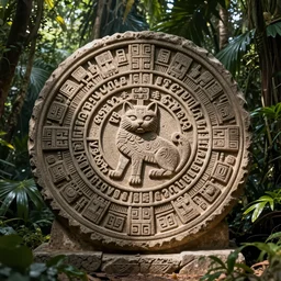 aztec cat on a ancient calendar stone, archeology, jungle