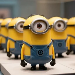 Minion minion skeletons with short legs and big eye sockets in a row at a museum, Sigma 85 mm f/1 photo