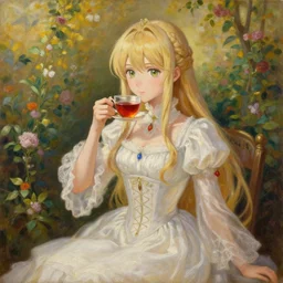 oil painting of elegantly dressed remilia scarlet drinking tea in a dreamy garden, beautiful symmetrical face and body, rule of thirds, golden ratio, oil on canvas, highly detailed, warm color scheme art rendition, soft lighting, sharp focus, unique art rendition by adelaide labille - guiard, artemisia gentileschi in high quality anime artstyle