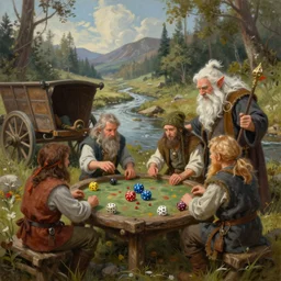 fantasy illustration of halfling dice gambling with a white haired dwarf next to a shallow creek and cart, oil painting, craig mullins, wlop, highly detailed, colorful, unreal engine, octane render, dramatic lighting, cinematic composition,