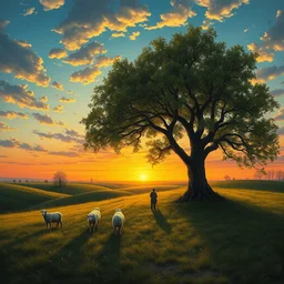 a shepherd resting under a tree, sheep grazing, sunset, art by rafal olbinski