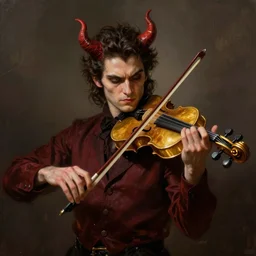 portrait of a devil playing a golden fiddle, handsome, menacing, photorealistic, medium shot, cinematic lighting, digital art, illustration, very detailed, by luis royo