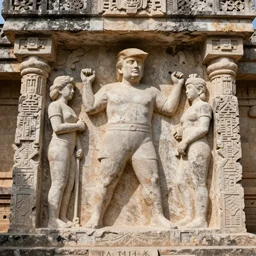 stone carving of Donald Trump in an ancient mayan temple. 8000 years old.