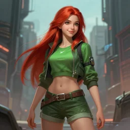 beautiful cute athletic red haired eighteen year old young woman standing up, casual green clothing, long straight hair, cyberpunk city, attractive smiling face, dramatic pose, rpg character, sci - fi, intricate, elegant, digital painting, artstation, concept art, smooth, 8 k frostbite 3 engine, ultra detailed, art by artgerm and greg rutkowski and magali villeneuve