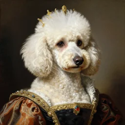 portrait of a white poodle as an italian queen, painting by michelangelo
