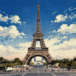 Paris with the Eiffel tower with a blue sky in Hokusai style