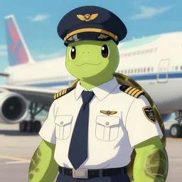 character portrait feature of the anthro male anthropomorphic tortoise fursona wearing airline pilot outfit uniform professional pilot character design stylized by charlie bowater, ross tran, artgerm, and makoto shinkai, detailed, soft lighting, rendered in octane, boeing 7 4 7 in background