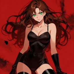 sexy woman with brown hair and green eyes, wearing a camisole and boots, red and black color palette, in the style of and ilya kuvshinov and greg rutkowski, high quality anime artstyle, intricate