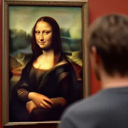 candid photograph, over the shoulder view of leonardo da vinci painting an oil painting of the mona lisa with the real mona lisa in the background. photorealistic. dramatic lighting, intricate details