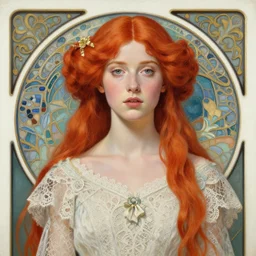 intricate art nouveau oil painting of redheaded young saoirse ronan or redheaded millie bobby brown wearing an intricate lace dress, highly detailed, intricate, elegant, digital painting, smooth, sharp focus, illustration, ultra realistic, 8 k, by bouguereau, alphonse mucha, artgerm, and donato giancola