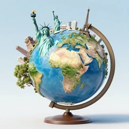 a globe with the statue of liberty, the eiffel tower and other famous landmarks, 3 d render