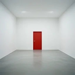 a featureless white room with a red door on the far end, liminal space,