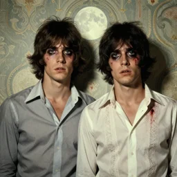 two handsome but sinister young men wearing band shirts in layers of fear, with haunted eyes and wild hair, 1 9 7 0 s, seventies, wallpaper, a little blood, moonlight showing injuries, delicate embellishments, painterly, offset printing technique, by brom, robert henri, walter popp