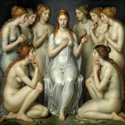 the goddess of awkward pauses in conversation surrounded by a court of nymphs, by tom bagshaw peter kemp, beautiful highly symmetric faces