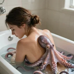 a woman and an octopus in a bath together, the octopus is scrubbing her back realistic cinematic 3 5 mm hdr