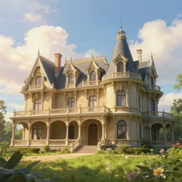 beautiful landscape, gorgeous victorian mansion, sunny sky with fluffy clouds, iredescent soft glow bloom effect, dream - like, baroque portrait painting, perfect composition, beautiful detailed, intricate detailed octane render, unreal engine 5, trending on artstation, 8 k, chiaroscuro, masterpiece, raphael, caravaggio, beksinski, ghibli