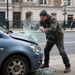 Caveman destroying London shattered glass dented car