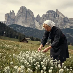 alpine _ female farmers _ head _ being _ overgrown _ by _ edelweiss _ dolomites _ dark _ vintage photography _ eerie _ despair _ portrait _ photography _ artstation _ digital _ art _ adward _ winning _ smiling