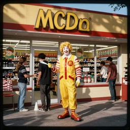 a still ronald mcdonald shoplifting from a grocery store in the tv show the a - team, vcr recording