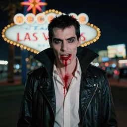 portrait of homeless vampire in Las Vegas at night, blood, 35mm f1.8, color, behance, trending on instagram