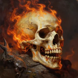 fiery skull contemplating life, gracked, detailed, painted by raymond swanland, ((((giger))))