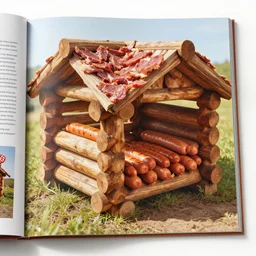 log cabin made from sausage, hot dogs, and rib meat, photograph from travel magazine, sharp