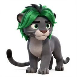 grey anthropomorph panther with green and black hair in zoomania, artstation, hyperrealistic, pixar, disney