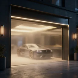 a luxury garage, vray rendering. lightning, cinematic lighting, fog. john berkey and paul gustav fischer. depth blur in background.