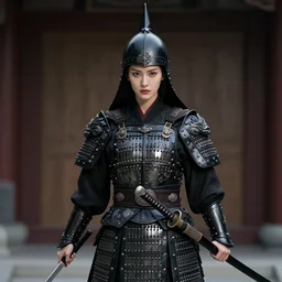 full portrait of female vampire jinyiwei wearing black heavy armor and pointed helmet, stern, agile, elegant, imposing, jinyiwei, embroidered uniform guard, secret agent, detective, chinese armor, historical armor, pointed helmet, katana, nodachi, japanese sword, ming dynasty, detailed, realistic, anatomically accurate.