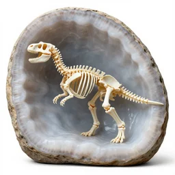 dinosaur skeleton inside a beautiful giant geode