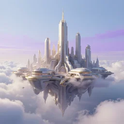 island city floating on top of the clouds with futuristic architecture, style of asgard, light blue, purple sky, gold, silver, and light grey, desaturated, pastel colors, matte painting, futuristic, sci fi, style of jordan grimmer, digital painting, trending on artstation, high detail, volumetric lighting, godrays
