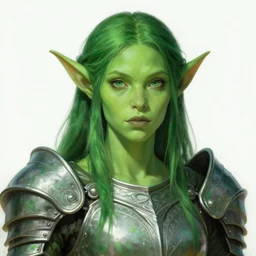 beautiful green human face orc female, portrait, vibrant green tone, beautiful face, elvish, full plated armor intricate, elegant, highly detailed, trending on artstation, by ilja repin, by artgerm, by greg rutkowski, digital painting