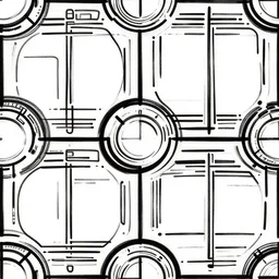 scifi wall panel textures, by jack kirby, circle / bars / rectangle connecting shapes, flat, vector, seamless, organic ink, black and white only