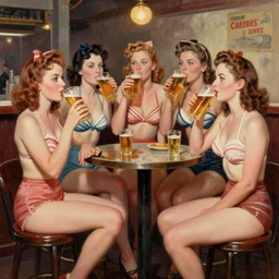 1940s group of pinup bikini girls drinking beer in a 1940s Aussie pub, oil painting, by Gil Elvgren