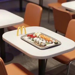 a photorealistic hyperrealistic render of a cyberpunk mcdonald table with branded sushi, interior scene by greg rutkowski, wlop, artgerm, distopic, dramatic lighting, strong shadows, volumetric, cinematic atmosphere, octane render, artstation, 8 k